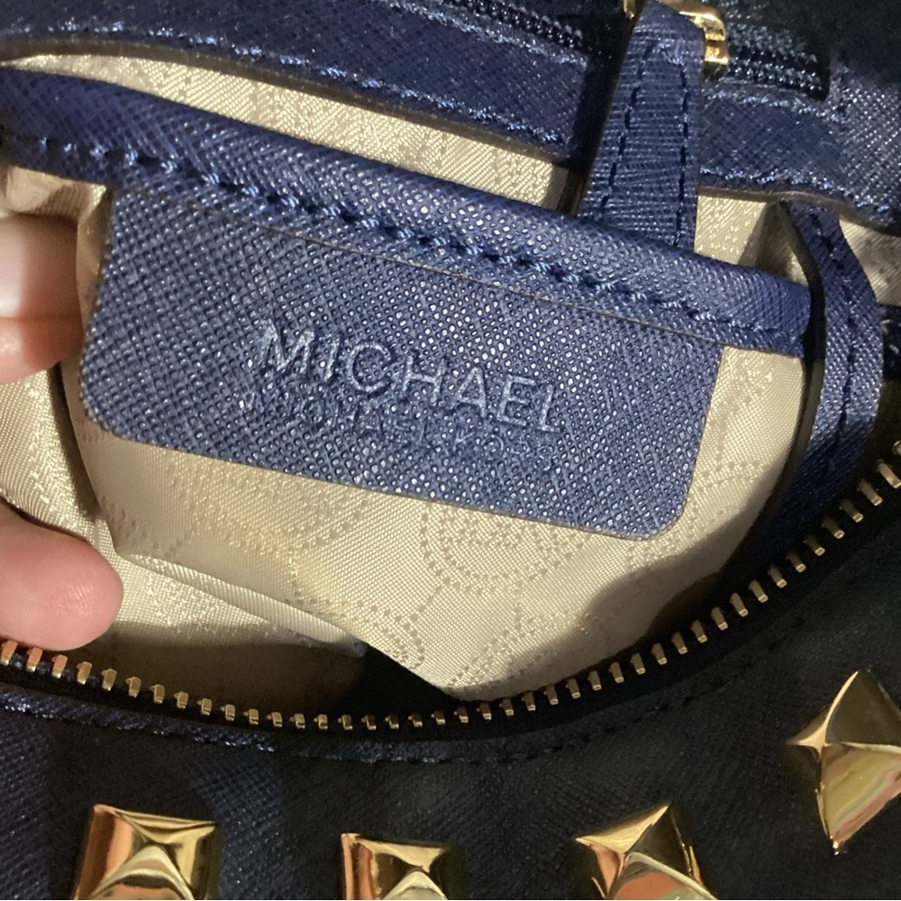 MICHAEL Kors Navy Blue Gold Studded Leather Grayson Satchel with Long Strap - Picture 11 of 13